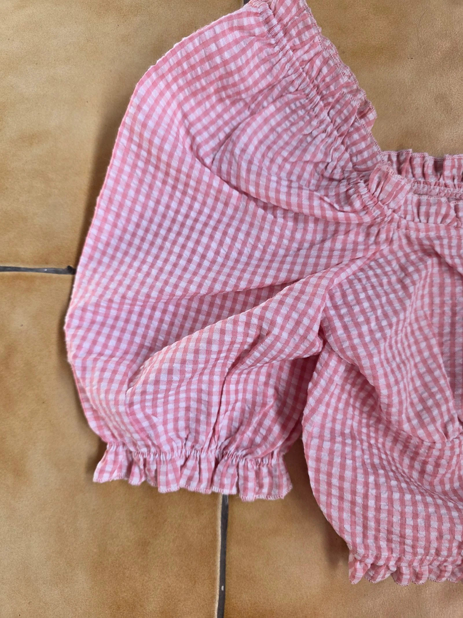 Top cropped vichy com ombros à mostra estilo milkmaid cottagecore rosa gingham milkmaid tamanho G – photo 7